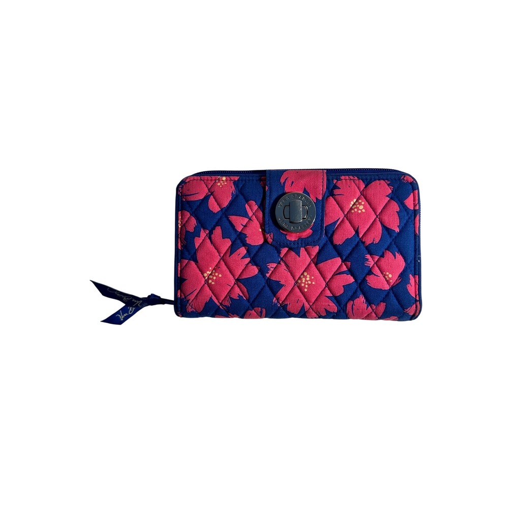 Vera Bradley Art Poppies Quilted Turnlock Zip Around Wallet Blue Pink NWOT‎